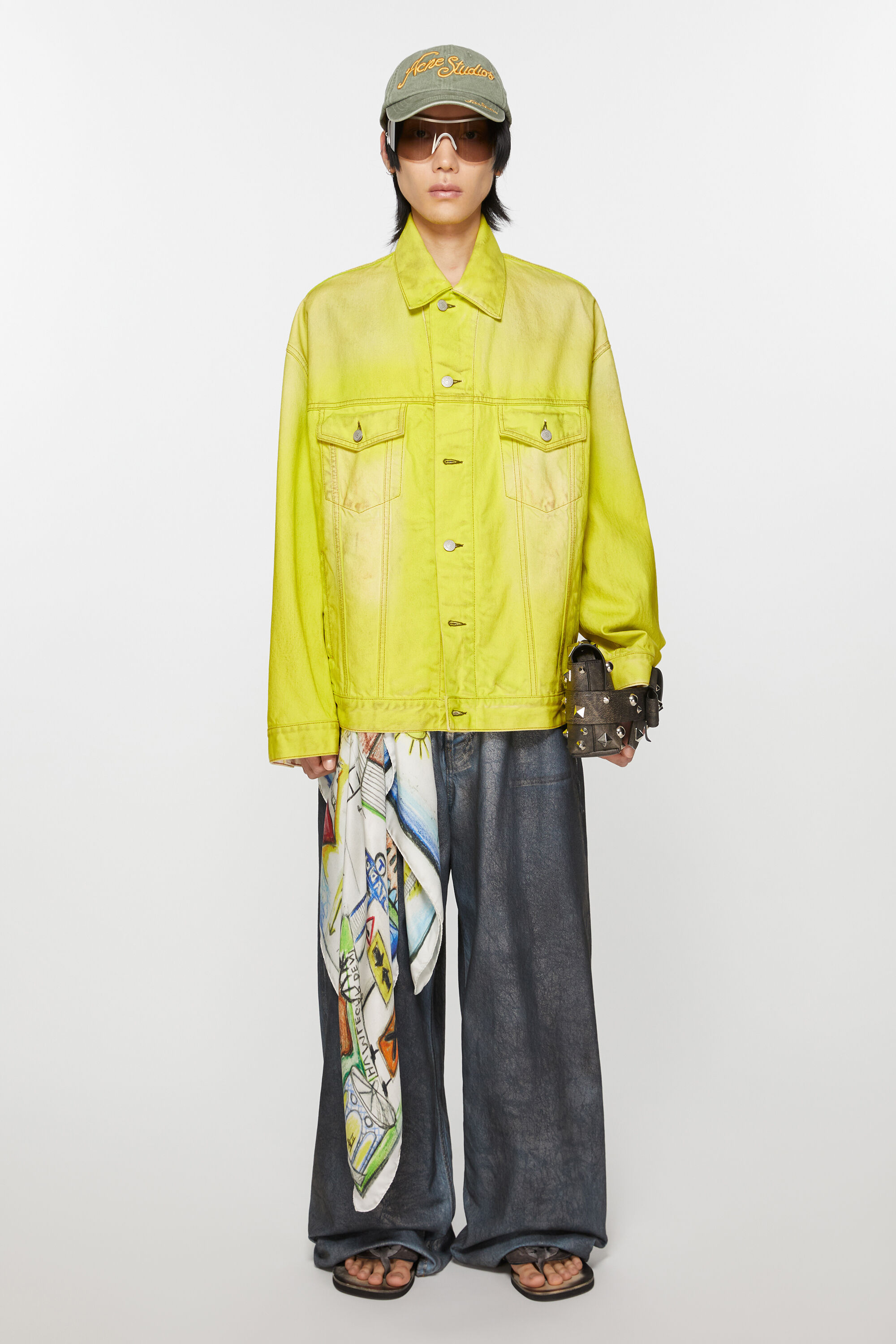 Men's luxury jacket - Balenciaga denim jacket with yellow embroidered logo  on back